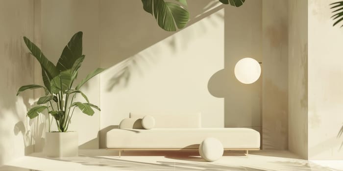 A white room with a white couch and a potted plant. The room is very clean and simple, with a lot of white and green elements