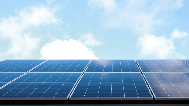 Aerial view of solar panel cells against cloudy blue sky. Alternative energy concept, sustainable resources. House with solar panels stand-alone photovoltaic plant system. Professional installation