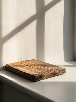 Delicate shadows form organic patterns on a wooden cutting board, enriching its textured surface with an ephemeral quality