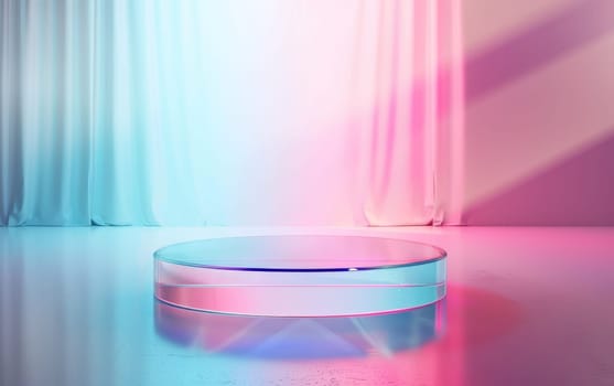 Elegant glass platform with soft pink and blue lighting, ideal for showcasing products or concepts