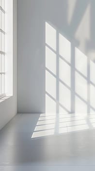 A depiction of simplicity with sunlight streaming through a window, creating sharp geometric shadows on a pristine wall