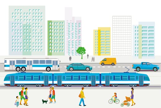 City overview with traffic and houses, illustration