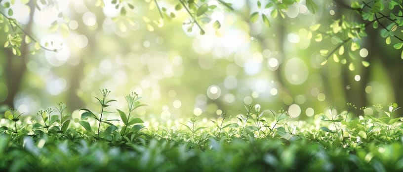 A serene and secluded forest scene, with a variety of lush plants and flowers basking in the warm, ethereal light, creating a sense of tranquility and wonder