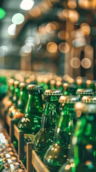 Close-up of dew-covered green glass bottles with metal caps on an industrial conveyor belt, showcasing the beverage bottling process