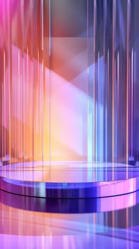 A contemporary display podium illuminated by soft hues, casting geometric shadows in a room with an ethereal ambiance