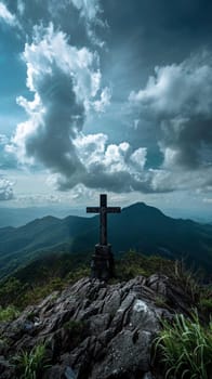 A solemn stone cross atop a mountain, with dramatic clouds overhead and lush green valleys below, conveying a sense of peace and reverence