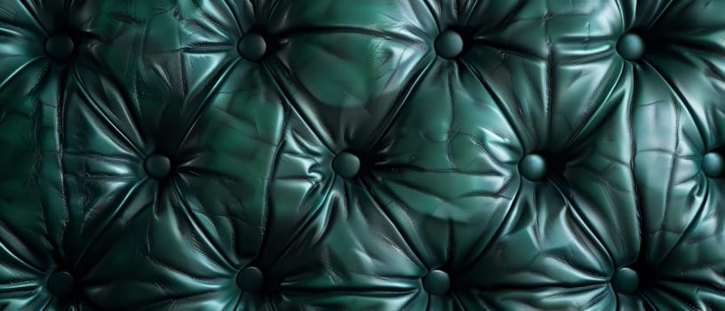 An exquisite close-up of a lush, tufted green leather surface, featuring a mesmerizing play of shadows, highlights and intricate stitching that creates a sense of depth and luxurious craftsmanship
