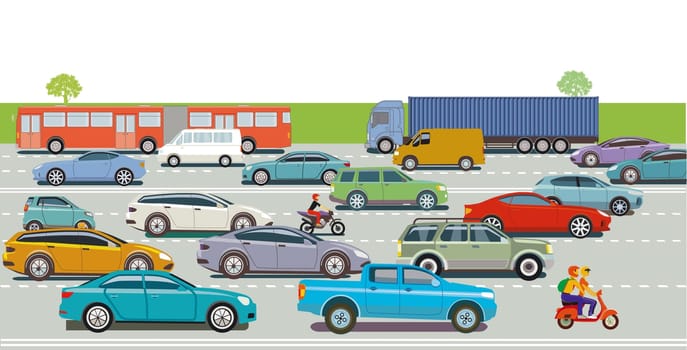 Passenger cars and trucks on the highway, illustration
