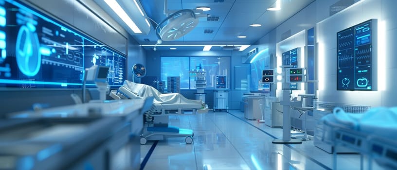 A technologically forward hospital surgery room with interactive screens and modern equipment, showcasing an efficient, futuristic healthcare setup