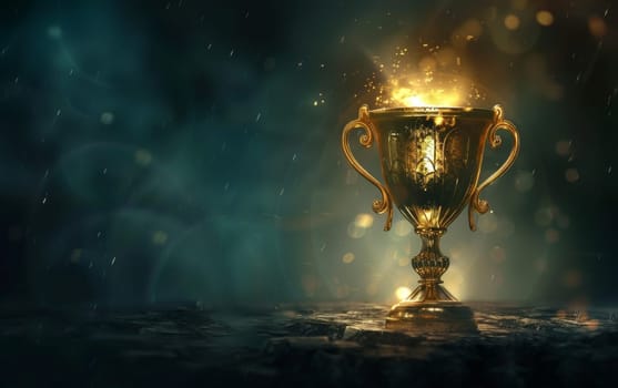 Against a backdrop of stars and cosmic energy, a grand golden trophy shines with an otherworldly radiance, symbolizing triumph on a galactic scale
