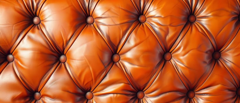 A visually captivating mosaic of tufted leather upholstery in warm, vivid orange and grayish-blue hues, creating a striking geometric pattern
