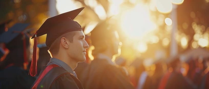 A young male graduate looks into the distance under the soft glow of sunset, filled with hope for the future