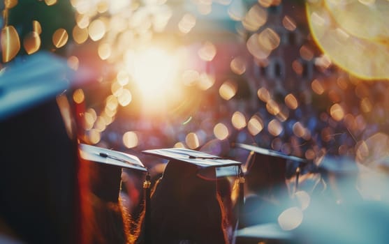 Graduation caps in focus against a backdrop of dreamy bokeh lights at a twilight ceremony