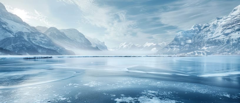 An enchanting, frozen landscape of snow-covered mountains and icy waters, bathed in a soft, ethereal light that creates a sense of serene, otherworldly beauty