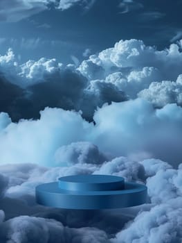 An inviting light blue podium stands under a calm sky, surrounded by soft, fluffy clouds, offering a dreamy platform for showcasing products