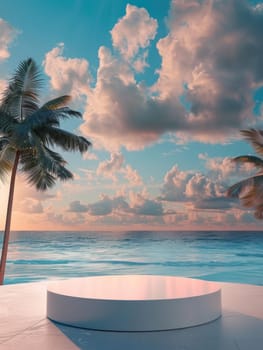 A sleek white podium overlooks a tranquil tropical beach, framed by swaying palm trees against a sunset sky with pink and blue hues