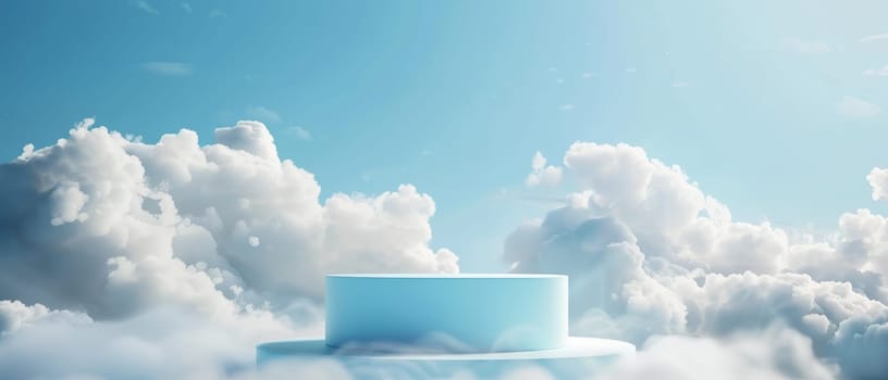An inviting light blue podium stands under a calm sky, surrounded by soft, fluffy clouds, offering a dreamy platform for showcasing products
