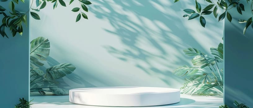 An inviting display podium surrounded by lush green leaves, bathed in soft sunlight filtering through a teal sky