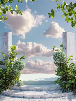 A pristine marble podium set between lush greenery, under a vast sky with fluffy clouds, creating an idyllic scene for product showcasing