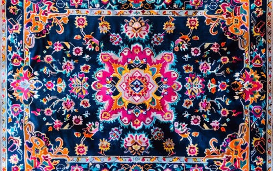 A mesmerizing mandala-inspired rug featuring a kaleidoscopic array of vivid colors and intricate, concentric floral patterns against a deep navy background