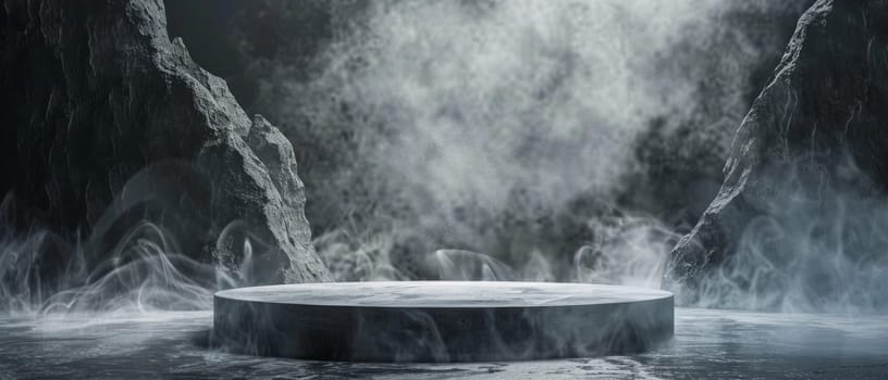 A dark stone podium stands prominently in the foreground, a symbol of nature's austere beauty amidst a foggy, mountainous backdrop