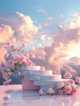 A charming pink podium decorated with elegant roses set against a soft blue sky with scattered clouds, ideal for product display