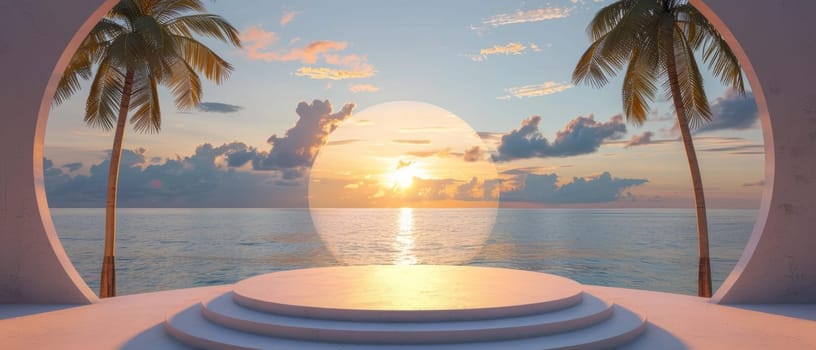 A sleek white podium overlooks a tranquil tropical beach, framed by swaying palm trees against a sunset sky with pink and blue hues