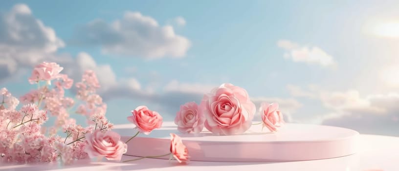 A charming pink podium decorated with elegant roses set against a soft blue sky with scattered clouds, ideal for product display