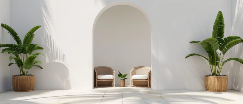 A serene tropical sanctuary with plush rattan furniture and lush potted palms, creating a calming and inviting space for relaxation and contemplation