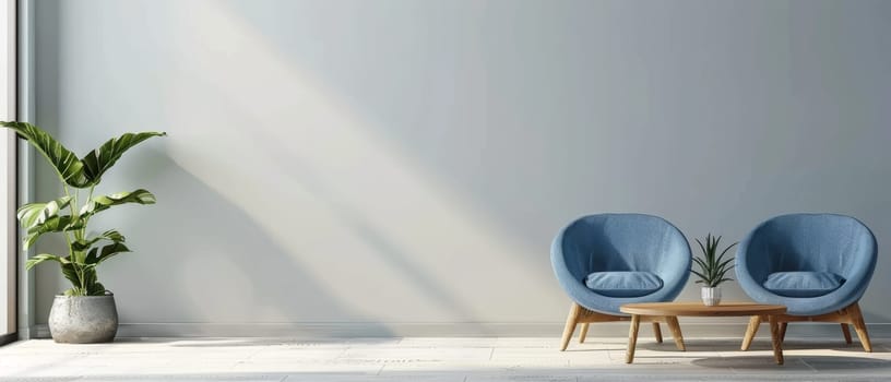 A tranquil and inviting living space featuring plush blue velvet chairs, wooden side tables, and an abundance of lush, verdant plants, creating a serene and rejuvenating atmosphere