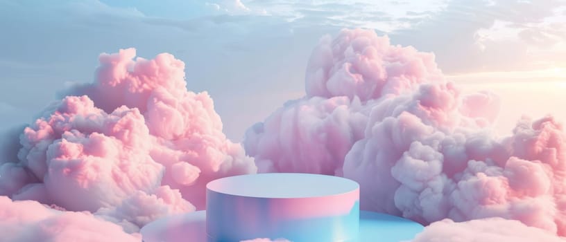 A white podium stands amidst a sea of pink-hued clouds, touched by the warm glow of a sunset, creating a surreal environment for product displays