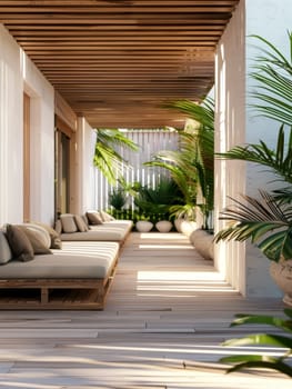A cozy wood-beamed terrace offers a shaded refuge from the sun, surrounded by vibrant green palms and other tropical flora, creating an atmosphere of laid-back luxury