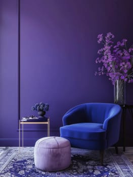 An alluring living room with a bold purple color scheme, featuring a deep indigo velvet armchair, a sleek wooden side table, and a striking bouquet of vibrant purple flowers