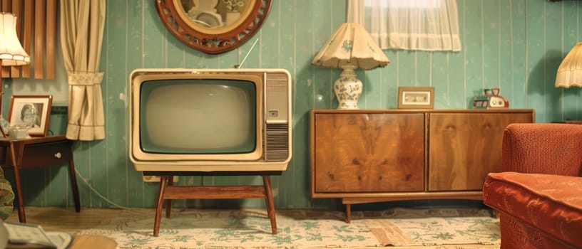 A chic living space highlighted by a vintage television with a green screen, surrounded by mid-century furniture and elegant decor elements