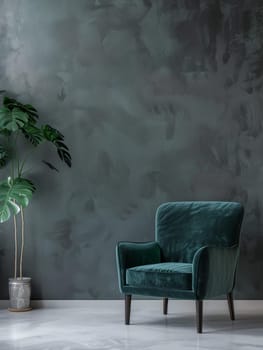 A luxurious teal velvet chair is the focal point of a dimly lit, dramatic room, its rich hue and soft texture offering a touch of opulence against the muted, moody backdrop