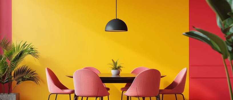 A lively and colorful dining space, featuring a striking combination of red and yellow walls, a black pendant light, and a wooden table surrounded by plush pink chairs