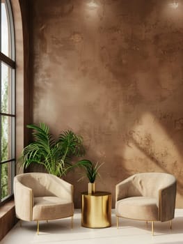 A pair of rich, rust-colored velvet armchairs with brass detailing sits atop a marble floor, accented by a striking golden side table and lush foliage, creating an atmosphere of refined sophistication