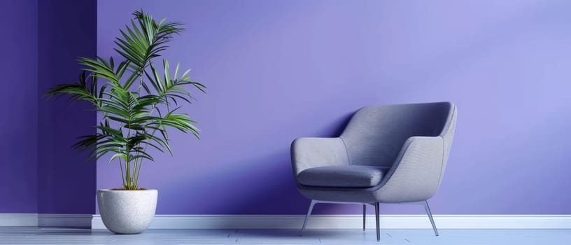 A lush, tropical potted palm plant stands in a vibrant violet room, adding a touch of natural greenery and tranquility to the contemporary, minimalist interior