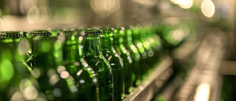 Perspective view of green beer bottles on an industrial conveyor, glowing in the warm golden light of the factory