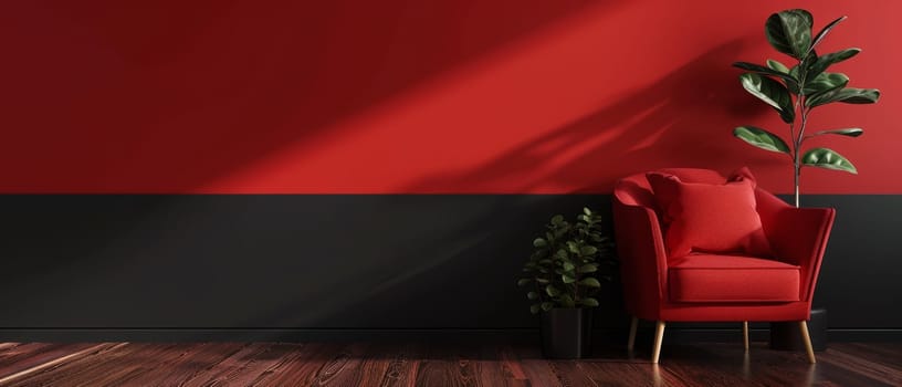 A thriving, lush potted plant stands out against a vibrant, deep red wall, creating a visually striking juxtaposition of natural greenery and bold, dramatic color