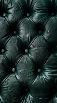 A stunning close-up of a tufted green leather surface, featuring deep, lush hues, intricate stitching patterns and shimmering highlights that create an exquisitely luxurious and tactile texture