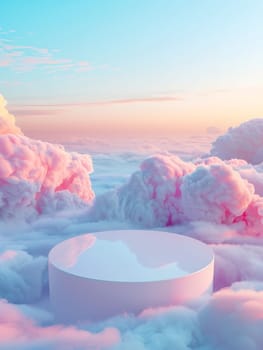 A white podium stands amidst a sea of pink-hued clouds, touched by the warm glow of a sunset, creating a surreal environment for product displays