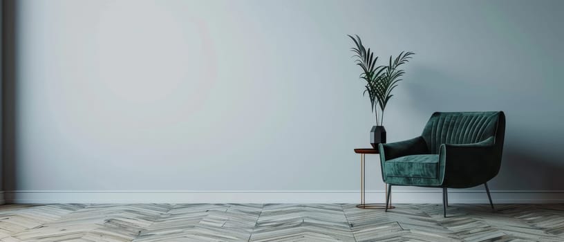 This serene interior setting features a cozy emerald green armchair paired with a potted plant, creating a tranquil and inviting atmosphere against the moody teal backdrop