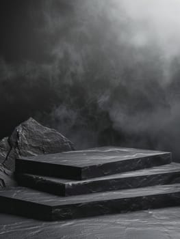 A dark stone podium stands prominently in the foreground, a symbol of nature's austere beauty amidst a foggy, mountainous backdrop