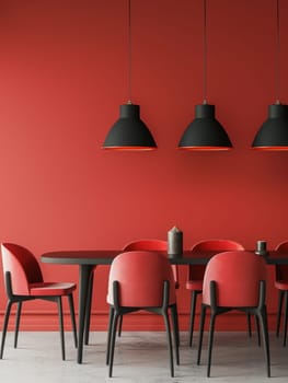 Three black dome-shaped pendant lights hang elegantly over a red dining table, casting a warm glow and modern industrial vibe to the space