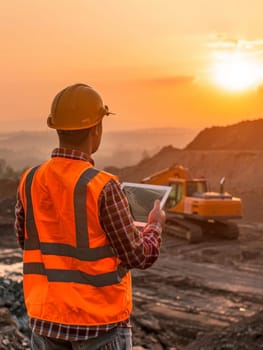 Back view of a construction manager in a reflective orange vest, holding a tablet at a quarry with a sunrise backdrop