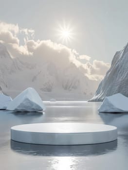 A tranquil scene showcasing a circular podium on a frozen lake, surrounded by icebergs and snow-covered mountains under a soft-lit sky