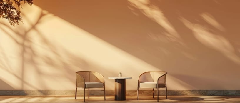 Two comfortable armchairs and a small round table sit in a lushly decorated space filled with tropical plants and warm, golden light, creating a serene and rejuvenating retreat