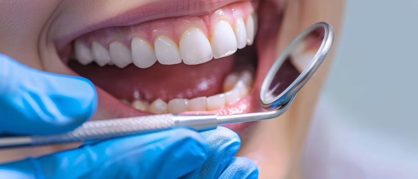 Dentist's focused inspection of healthy teeth and gums, with a mirror and dental probe in a brightly lit clinic setting