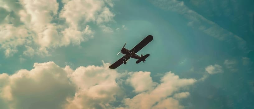 A classic bi-plane climbs through a sky streaked with clouds, evoking a sense of exploration